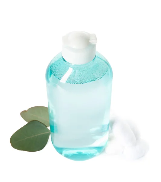 Bottle Micellar Water Cotton Balls Leaves White Background — Stock Photo, Image