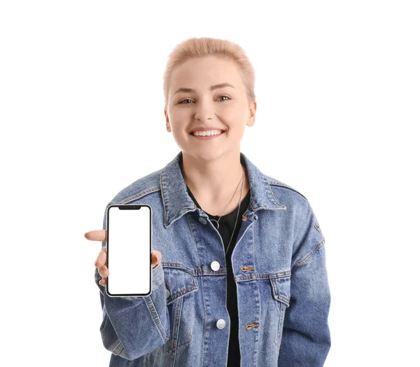 Νεαρή Γυναίκα Κινητό Τηλέφωνο Λευκό Φόντο — Φωτογραφία Αρχείου