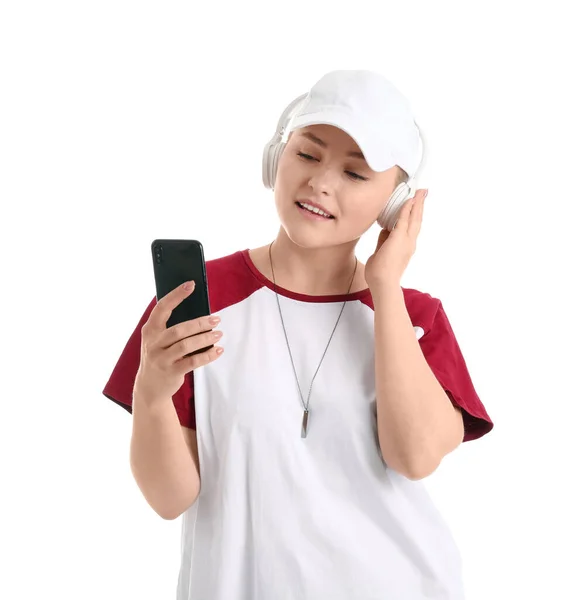 Jovem Com Fones Ouvido Usando Telefone Celular Fundo Branco — Fotografia de Stock