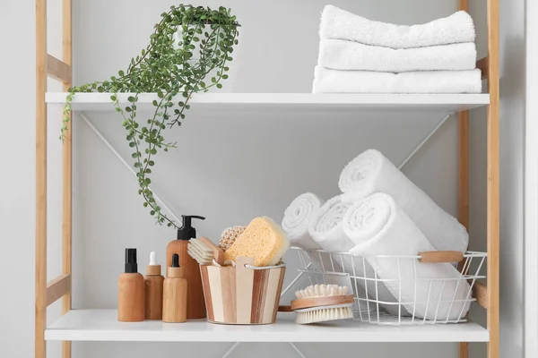 Set Cosmetic Products Bathing Supplies Shelf — Stock Photo, Image