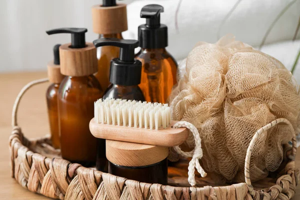Wicker Tray Bathing Supplies Table Closeup — Stock Photo, Image
