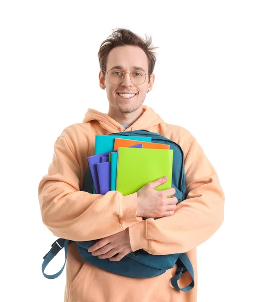 Man Student Med Ryggsäck Vit Bakgrund — Stockfoto