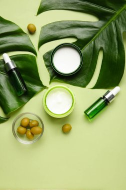 Renkli arka planda doğal kozmetik, zeytin ve palmiye yaprakları bileşimi