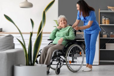 Evde tekerlekli sandalyede yaşlı bir kadınla genç bir bakıcı.