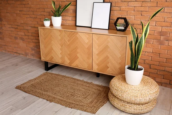 Stylish Wooden Cabinet Blank Frames Houseplants Brown Brick Wall — Stock Photo, Image