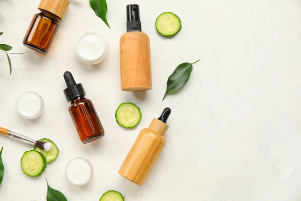 Composition Natural Cosmetic Products Cucumber Light Background — Stock Photo, Image