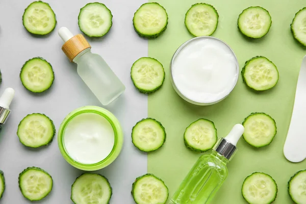Composition Natural Cosmetics Cucumber Slices Color Background — Stock Photo, Image