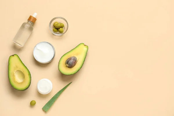 Composition Natural Cosmetics Avocado Olives Aloe Leaf Color Background — Stock Photo, Image