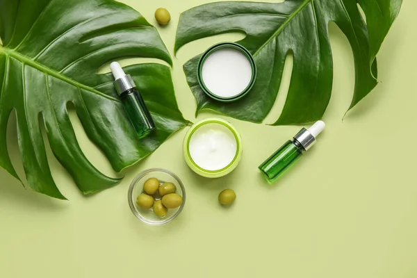Composition Natural Cosmetics Olives Palm Leaves Color Background — Stock Photo, Image