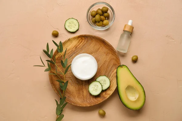 Composition Natural Cosmetic Products Avocado Olives Cucumber Eucalyptus Branch Color — Stock Photo, Image