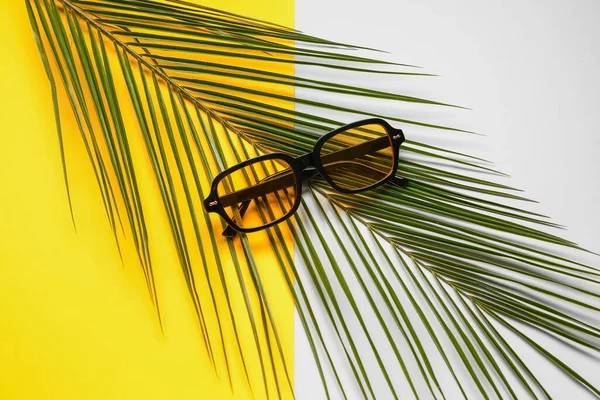 Stylish Sunglasses Palm Leaf Color Background — Stock Photo, Image