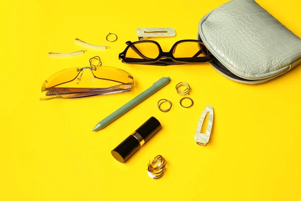 Cosmetic Bag Sunglasses Accessories Yellow Background — Stock Photo, Image