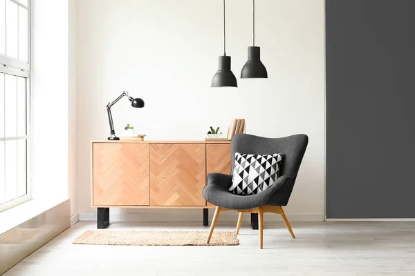 Cozy Grey Armchair Stylish Wooden Cabinet Big Window — Stock Photo, Image