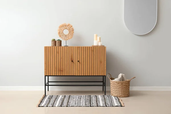 Stylish Wooden Cabinet White Wall — Stock Photo, Image