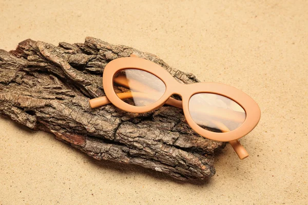 Sunglasses Tree Bark Sand Closeup — Stock Photo, Image
