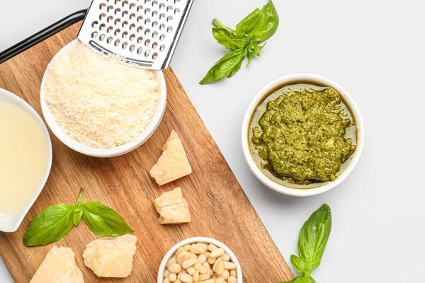 Composition Bowl Pesto Sauce Ingredients Grey Background — Stock Photo, Image
