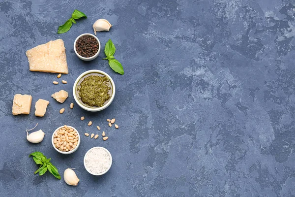 Composition Bowl Delicious Pesto Sauce Ingredients Blue Table — Stock Photo, Image