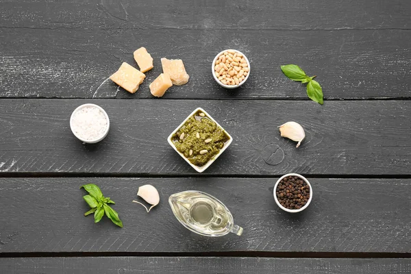 Composition Bowl Pesto Sauce Ingredients Black Wooden Table — Stock Photo, Image