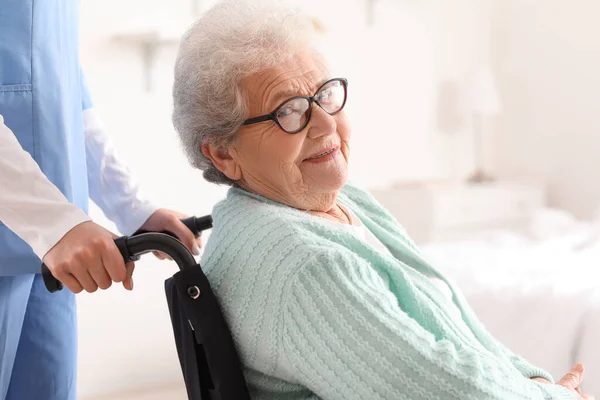 Senior Woman Wheelchair Caregiver Home Closeup — Stock Photo, Image