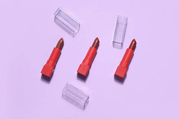 Red Lipsticks Lilac Background — Stock Photo, Image