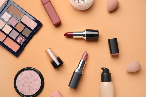 Decorative Cosmetics Lipsticks Sponges Beige Background — Stock Photo, Image