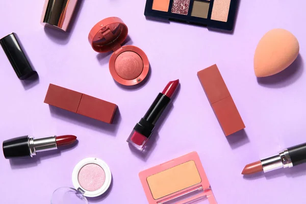 Decorative Cosmetics Lipsticks Sponge Lilac Background — Stock Photo, Image