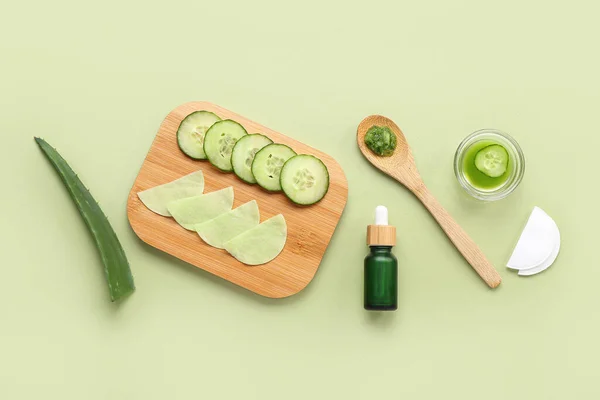 Board Cotton Eye Patches Cucumber Slices Aloe Leaf Dropper Bottle — Stock Photo, Image