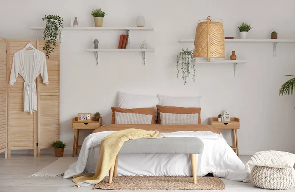 Interior Stylish Bedroom Bed Houseplants Shelves — Stock Photo, Image