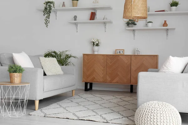 Interior Stylish Living Room Cozy Sofas Wooden Cabinet — Stock Photo, Image