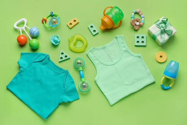 Composition Baby Clothes Accessories Light Green Background — Stock Photo, Image