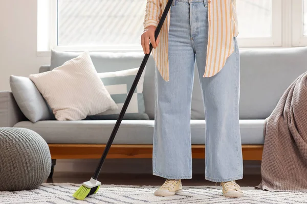Mature Woman Sweeping Floor Room — Stock Photo, Image