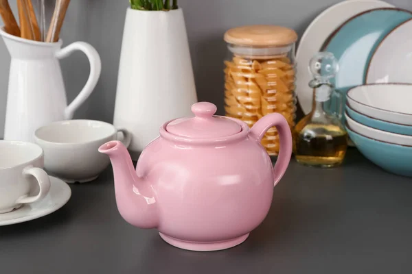 Composition Teapot Cups Different Kitchen Stuff Black Table — Stock Photo, Image