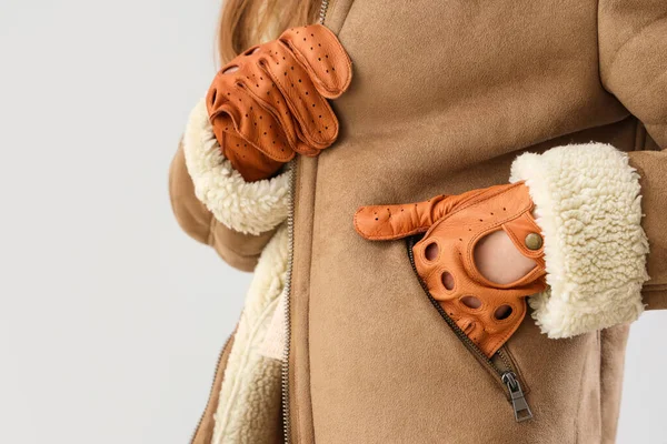 Beautiful Young Woman Leather Gloves Sheepskin Light Background Closeup — Stock Photo, Image