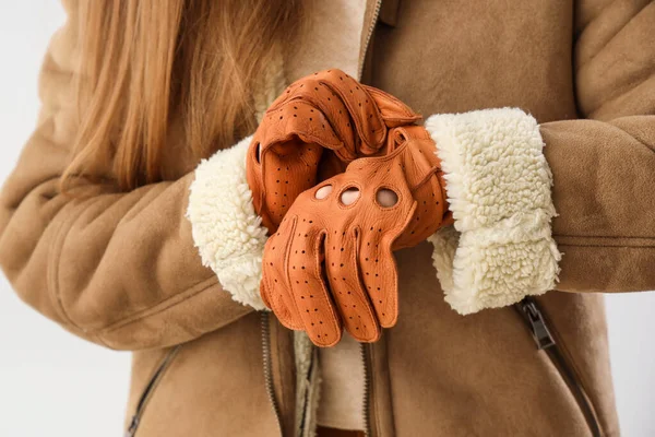 Beautiful Young Woman Leather Gloves Sheepskin Closeup — Stock Photo, Image