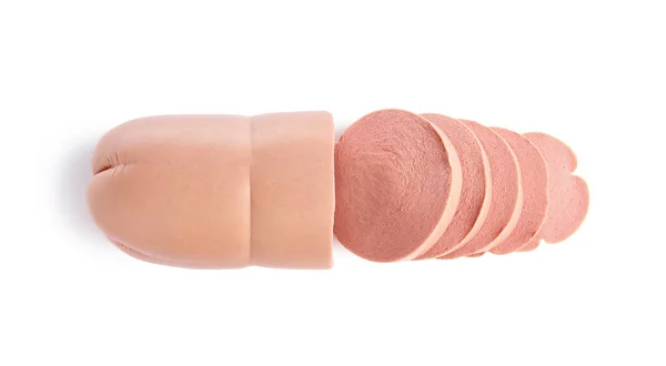 Tasty Sliced Boiled Sausage White Background — Stock Photo, Image
