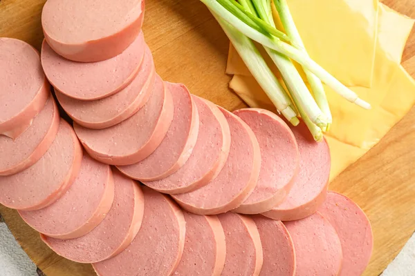 Board Tasty Sliced Boiled Sausage Cheese Table Closeup — Stock Photo, Image
