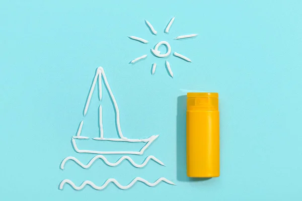 Dibujos Sol Barco Hechos Con Crema Protector Solar Sobre Fondo —  Fotos de Stock