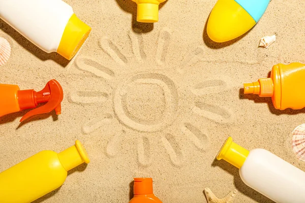 Creative Composition Frame Made Different Sunscreen Creams Sand — Stock Photo, Image