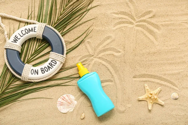 Creative Composition Sunscreen Cream Lifeline Palm Leaf Sand — Stock Photo, Image
