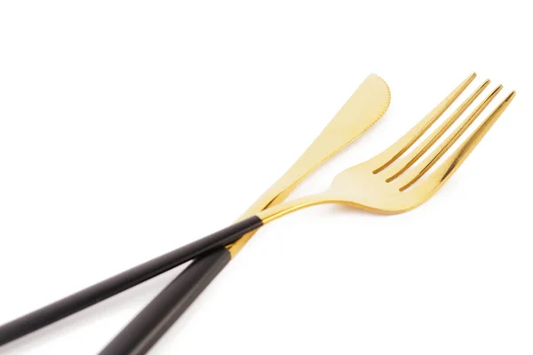 Golden Fork Knife Black Handles White Background — Stock Photo, Image