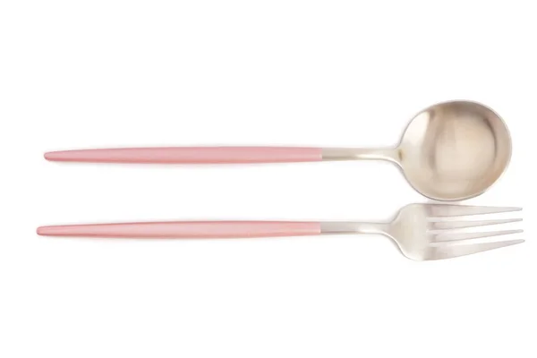 Cucchiaio Forchetta Acciaio Inox Con Manici Rosa Fondo Bianco — Foto Stock