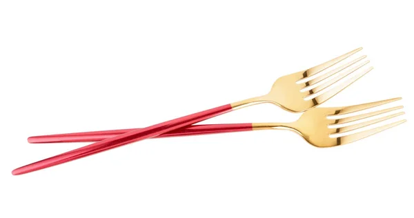 Golden Forks Red Handles White Background — Stock Photo, Image