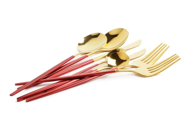 Golden Set Cutlery Red Handles White Background — Stock Photo, Image