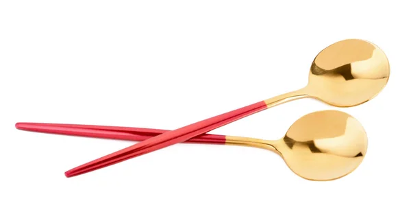 Golden Spoons Red Handles White Background — Stock Photo, Image