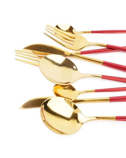 Golden Set Cutlery Red Handles White Background — Stock Photo, Image