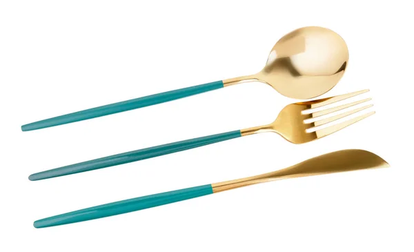 Golden Cutlery Blue Handle White Background — Stock Photo, Image