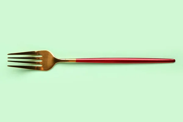 Stainless Steel Fork Plastic Handle Green Background — Stock Photo, Image