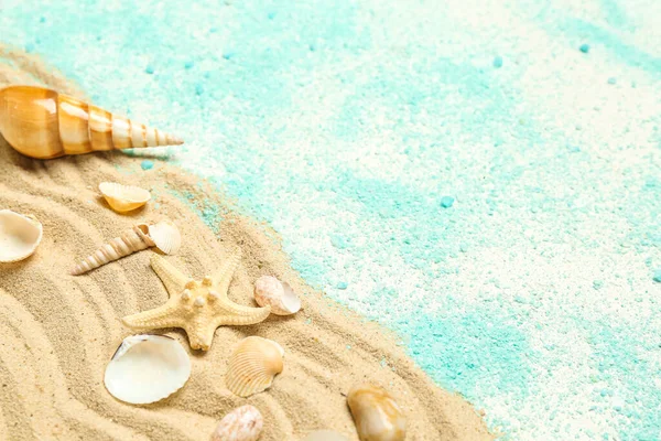 Sand Blue Sea Salt Seashells Starfishes White Background — Stock Photo, Image