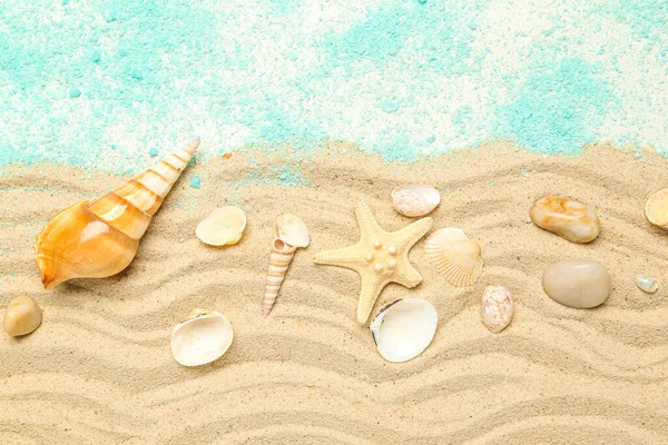 Sand Blue Sea Salt Seashells Starfishes White Background — Stock Photo, Image