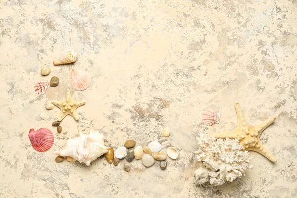 Coquillages Avec Corail Étoiles Mer Sur Fond Grunge — Photo